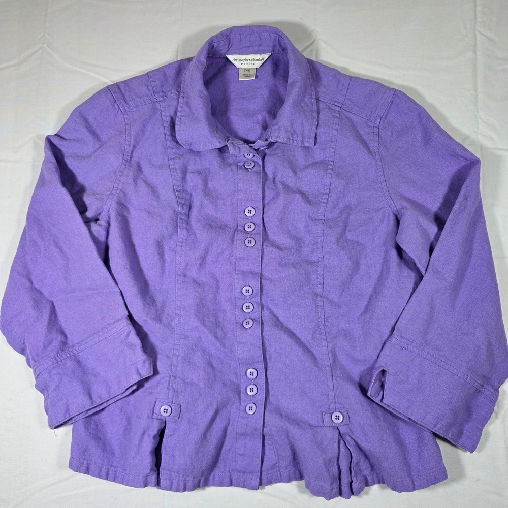 Christopher & Banks Petite Purple Linen Blend Button Up Blouse P/S